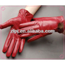 2014 winter red sheepskin leather gloves with fur lining